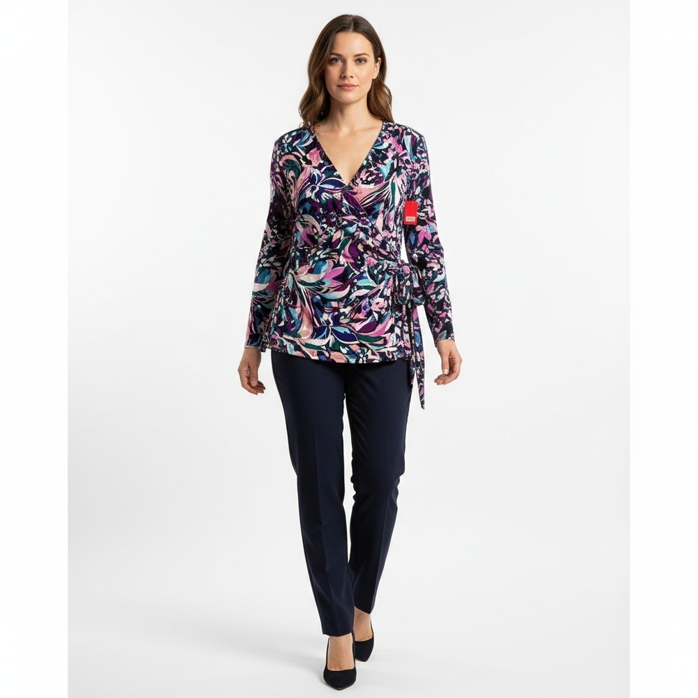 NWT Joclyn Smith M Multi-Color Floral Faux Wrap Top V-Neck Long Sleeve Tie-Side